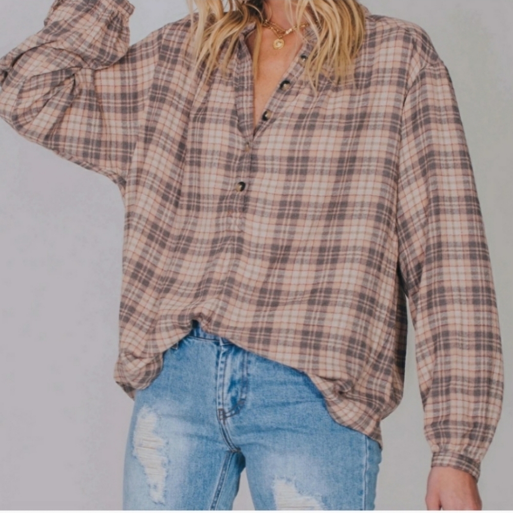 Free People Northern Bound Oversized Flannel Balloon Sleeve Top in Beige Combo